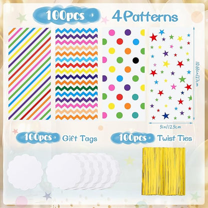 woric 100 Set Rainbow Cellophane Treat Bags 5 x 10.6 Inch Clear Candy Party Favor Bags with 100 Gift Tags and Twist Ties for Mother's Day Rainbow Colorful Party Baby Shower Decorations