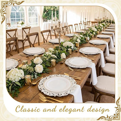 12 Pcs Antique White Charger Plates Bulk 13 Inch Embossed Rim Plastic Round Decorative Plates Charger for Dinner Wedding Party Event Table Setting Decoration (Hollowed out Wave)