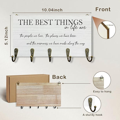 Family Sign Key Holder for Wall 10"x5.12", Family Gifts Key Hanger Wall Mount, The Best Things in Life are The People We Love Wooden Hanging Keys Holder Decor for Entryway Front Door（5 Hooks）