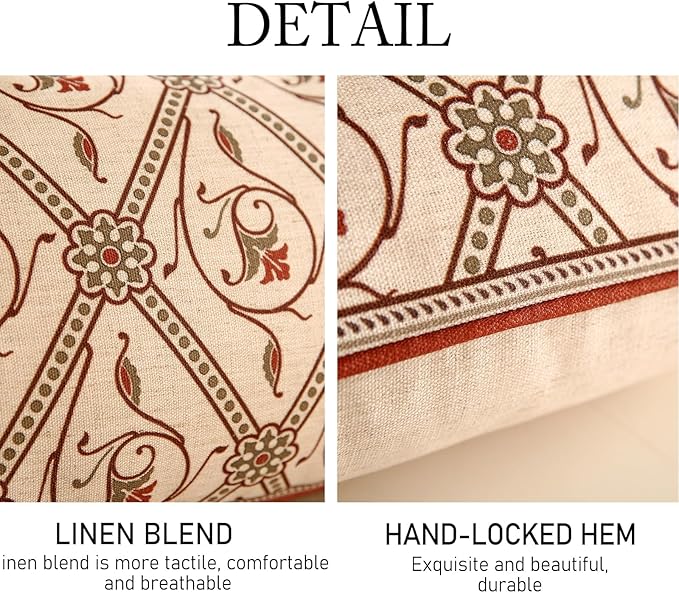 ISAENNE Design Linen Lumbar Vintage Throw Pillow Covers 12"x20",Red Euro Cushion Covers with Orange Floral Green Leaves Pattern Decor Pillowcases for Bed,Living Room,Outdoor,Car