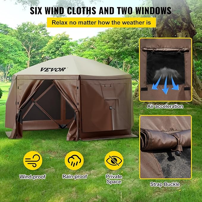 VEVOR 12 * 12ft 6 Sided Pop-up Canopy Shelter Tent with Mesh Windows, Portable Carry Bag, Stakes, Large Shade Tents for Outdoor Camping, Lawn and Backyard, Brown/Beige
