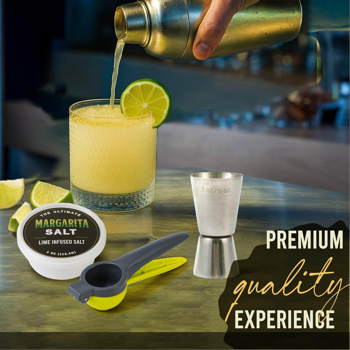 Margarita Kit Gift Set - 5 Botanicals - 2 Glasses - Stainless Steel Shaker & Jigger - Citrus Squeezer - Lime Infused Salt - Dried Lime - Recipe Book - Infusion Cocktail Kit - Basket Gift Set For Women