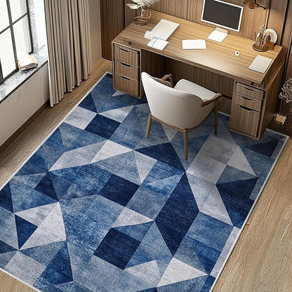 5x7 Navy Blue Area Rug Modern Geometric Blue White Beige Bedroom Rug Soft Low Pile Thin Large Carpet Living Room Non Slip Dining Room Stain Resistant Office Washable Machine