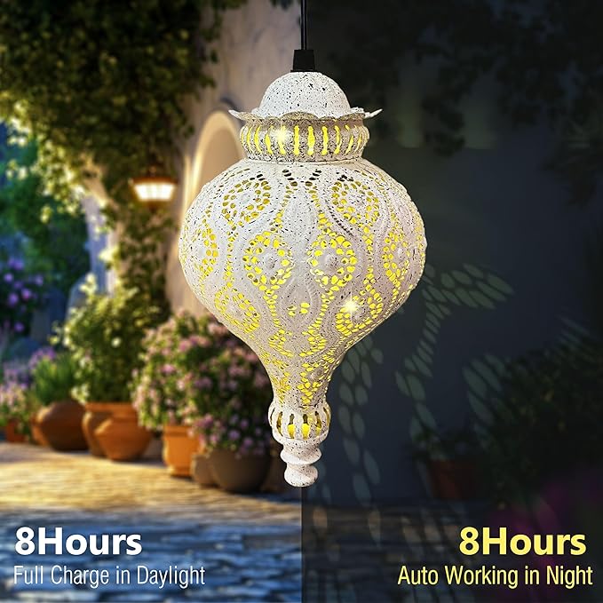 Moroccan Solar Lanterns Outdoor Waterproof White Hanging Lanterns Outdoor Ramadan Garden Decor Gardening Gifts for Women Mom Grandma Solar Lights for Patio, Pathway, Yard, Porch, Backyard.