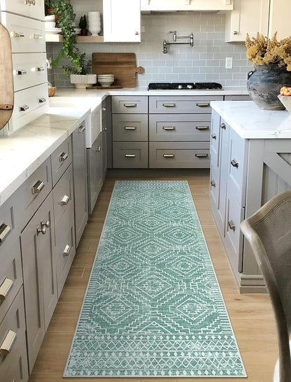Wonnitar Moroccan 2'6"x8' Washable Kitchen and Bathroom Rug, Sage Green Boho Laundry Room Carpet, Thin Non-Slip Runner for Bedroom Hallway Closet (Mint Green, 2'6"x8')