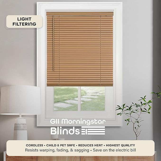 Cordless Light Filtering Mini Blind - 32 Inch Width, 72 Inch Length, 1" Slat Size - Woodtone - Cordless GII Morningstar Horizontal Windows Blinds for Interior by Achim Home Decor