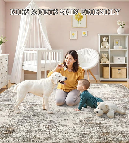 8x10 Area Rugs Machine Washable - Modern Abstract Large Rugs for Living Room Soft Anti-Skid Thin Carpet for Bedroom, Under Dining Table, Nursery, Farmhouse,Home Office (8'x10' Brown Grey)