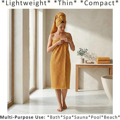 PÜSKÜL 4-Piece Natural 100% Turkish Cotton Luxury Waffle Towels for Bathroom | Premium Honeycomb Weave 2 Hand Towel & 2 Bath Towel Set | Soft Absorbent Quick-Dry Lightweight Towels (Mustrad Yellow)