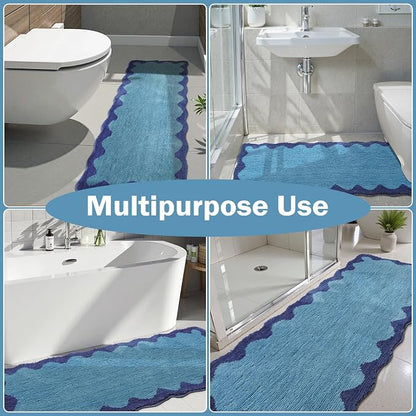 Uphome Bathroom Runner Rug, 24x60 Large Absorbent Cute Blue Bath Mat Non Slip Washable, Soft Scalloped Irregular Plush Microfiber Bath Runner for Floor, Bathtub, Sink