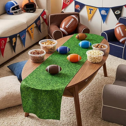 JCJT Green Grass Table Runner 13x90 Inch (Long for Buffet Tables) – Football Party Snack Stadium Decorations – Extra Long Faux Turf Backdrop for Easter Egg Display & Soccer Team Event