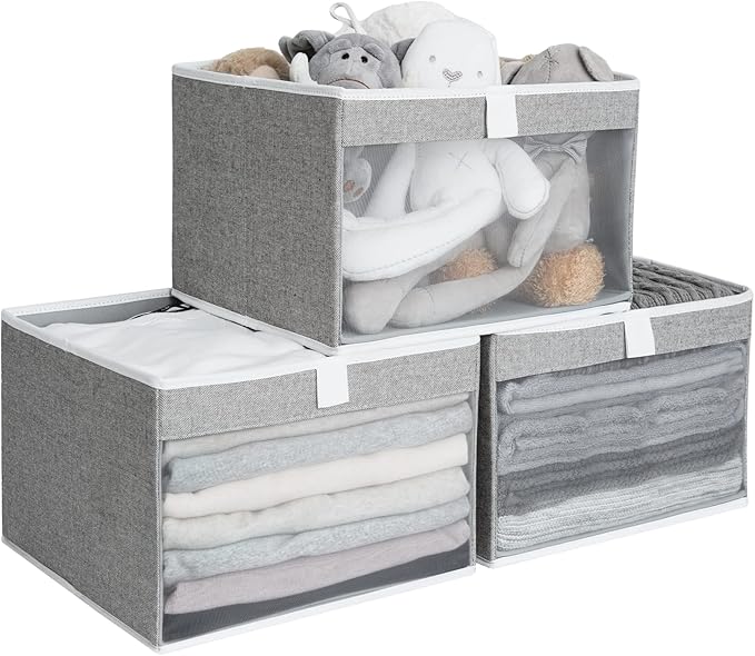 StorageWorks Closet Storage Bins, Large Storage Baskets with Clear Window and Handles, Foldable Fabric Organizer for Clothes, Shelves, Gray, 3 Pack