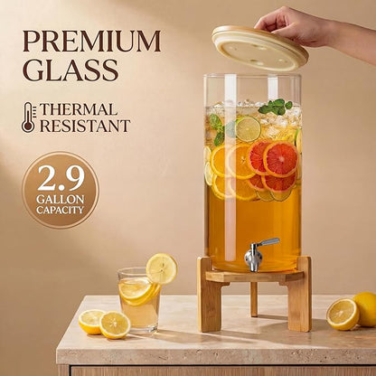 L'ÉPICÉA Drink Dispenser, Glass Drink Dispenser with Stand, Drink Dispenser for Parties, Beverage Dispenser with Stand, 304 Stainless Spigot, Gallons Iced or Hot Beverage Dispenser (11L（2.9Gallon）)