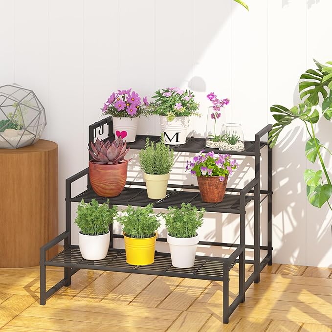 Garden 4 you 3 Tier Metal Plant Stand Outdoor Indoor Waterproof, Stackable Heavy Duty Tall Plant Shelf Flower Pot Holder for Garden, Display Rack, Black