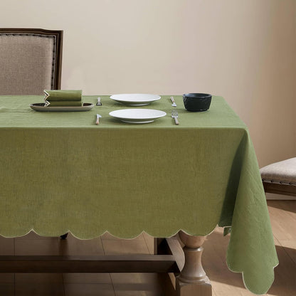 100% French Flax Linen Tablecloths Scalloped Embroidery Rectangle 120Lx60W Inch for Dinners, Parties, Spring, Machine Washable, 10-12 Sets, Olive Green(Edges-Gold)