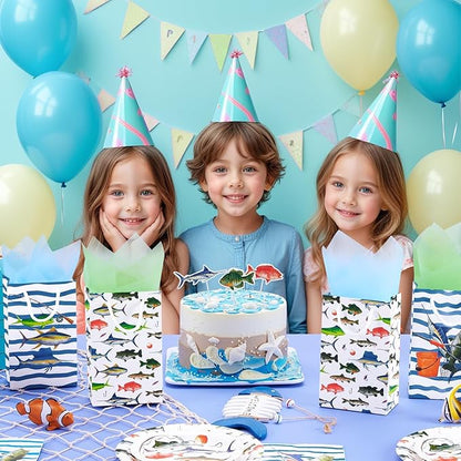 WERNNSAI 16PCS Gone Fishing Party Goodie Bags - Fishing Candy Gift Bags with Handle for Boys Litter Fisherman Birthday Supplies Favor Paper Treat Bag for Birthday Holiday Party Decotation