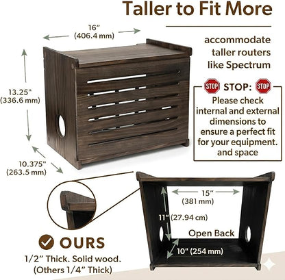 Wooden WiFi Router Storage Box - Deluxe Wall Mountable Decorative Modem Shelf Hider Cover with Cable Management System Home Organization Solution for Routers Up to 11" Tall - Espresso Brown