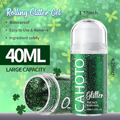 CAHOTO Green Rolling Glitter for Face Body & Hair, Roll-on Sequins for St. Patrick's Day, Sparkling Accessories for Christmas Concert Rave Festival Halloween Party Mardi Gras Carnival, 1.35fl.oz