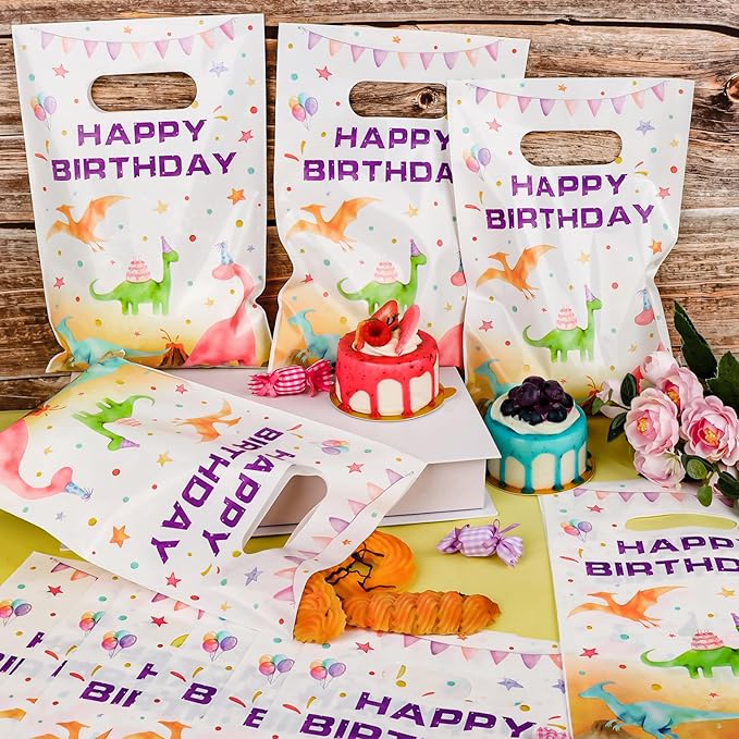 Hxezoc 50 Pieces Dinosaur Gift Bags with Handle, Plastic Treat Candy Bag Watercolor Dinosaur Favor Bags for Kids Birthday Party Decoration Supplies