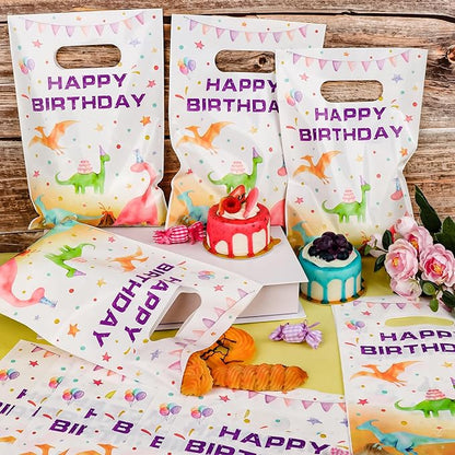 Hxezoc 50 Pieces Dinosaur Gift Bags with Handle, Plastic Treat Candy Bag Watercolor Dinosaur Favor Bags for Kids Birthday Party Decoration Supplies