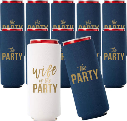 Wife of the Party and The Party Bachelorette Can Coolers - Set of 12, Perfect for Decorations and Bridesmaid Gifts (Navy, Slim)