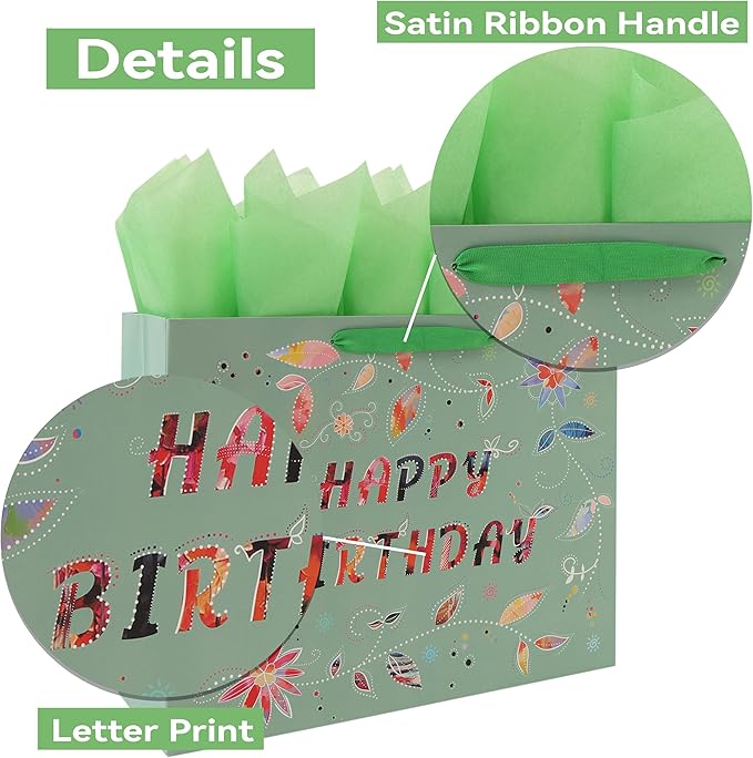 Qirrmiy 16.5” Extra Large Happy Birthday Gift Bag Set with Handles, Greeting Card, Tissue Papers and Stickers for Women Girls, Green Floral Design, 1 Pcs