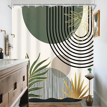 KOMLLEX Mid Century Dark Green Boho Shower Curtain 72Wx72L Inches Abstract Modern Shower Curtains for Bathroom Gold Plant Botanical Minimalist Arch Sun Fabric Liner Waterproof Polyester 12 Pack Hooks