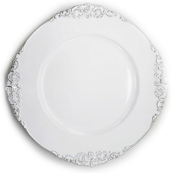 allgala 13-Inch 48-Pack Case Lot Heavy Quality Round Charger Plates-Floral White Silver Trim-HD80842