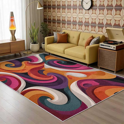 70s Rug Large 8x10 Retro Funky Hippie Psychedelic Swirl Pattern Area Rugs for Living Room, Bedroom, 70s Home Decor Accessories Indoor Carpet, Non Slip & Machine Washable, GD0403