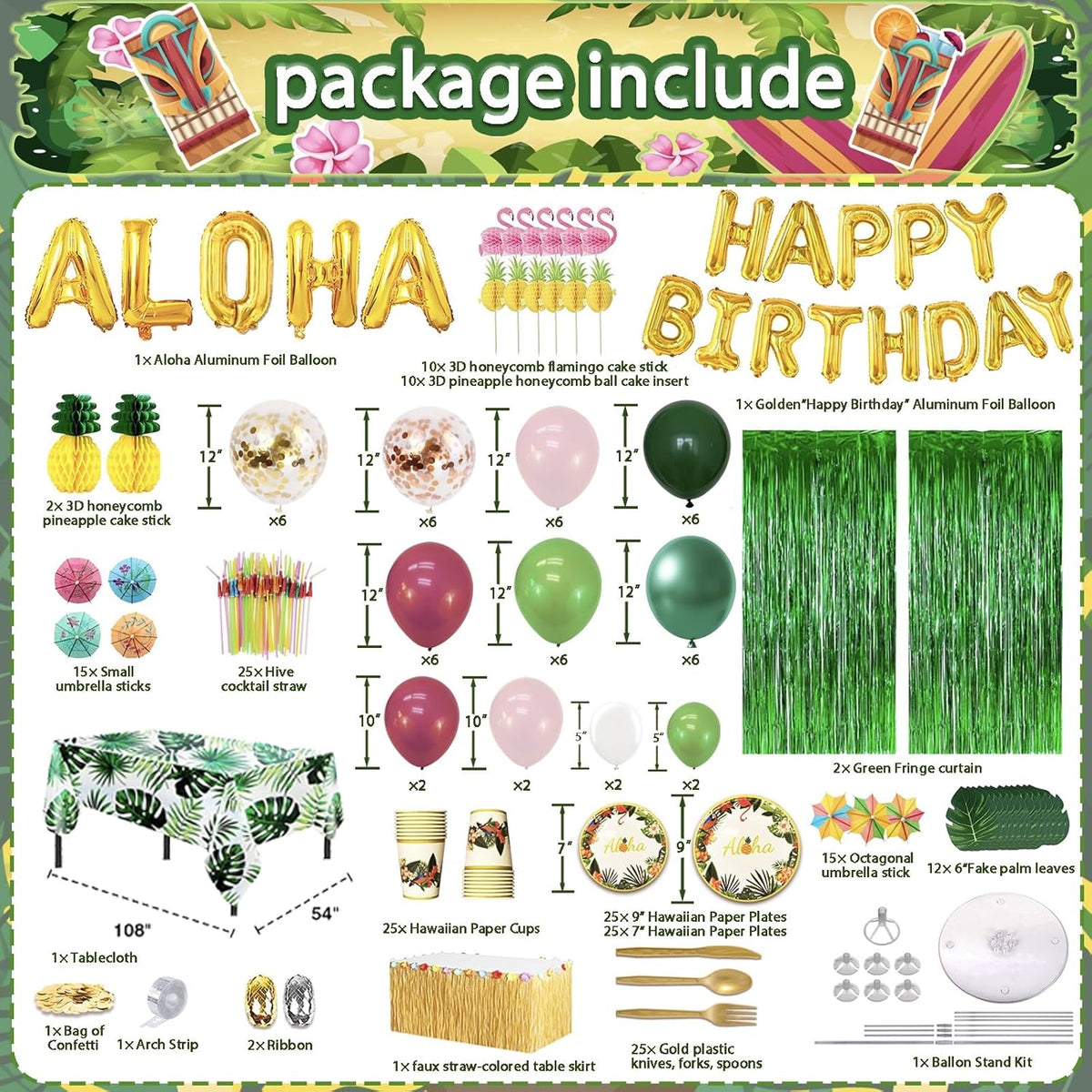 323 Luau Party Decorations, Hawaiian Party Decorations Kit For Adults - "ALOHA"&"HAPPY BIRTHDAY" Banner, Balloons, Cake Topper, Straws, Table Skirt, Dinnerware Set For 25 Guests