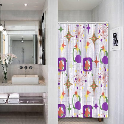 Mid Century Shower Curtain, 48x72inch, Modern Abstract Retro Purple Striped Geometric Shower Curtain Sets 1950s Boho Bathroom Shower Curtain with 8 Hooks