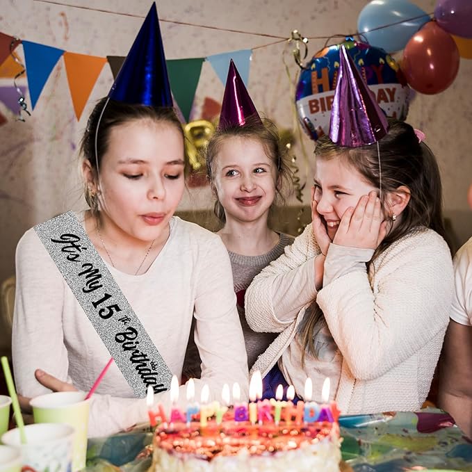 It's My 15th Birthday Sliver Sash - Sparkling Mis Quince Satin Sash for Girl - 15 Years Old Birthday Party Decorations
