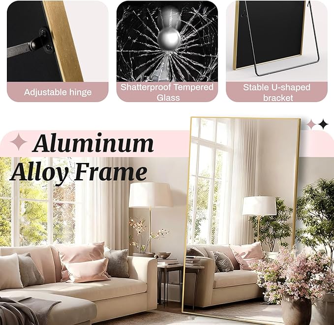 EOGOW 71" x 24" Full Body Mirror,Tempered Glass Shatterproof Full Length Mirror with Stand, Hanging, Wall Mounted Leaning for Bedroom Living Room Entryway