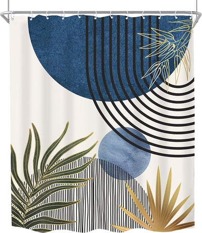 KOMLLEX Mid Century Blue Green Boho Shower Curtain 60Wx72L Inches Abstract Modern Shower Curtains for Bathroom Decor Plant Botanical Minimalist Arch Sun Fabric Liner Waterproof Polyester 12 Pack Hooks