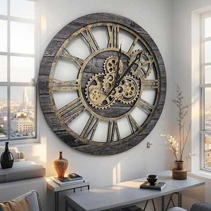 ImprovingLife The Gears Clock The Original Real Moving Gear Wall Clock Vintage Industrial Oversized Rustic Farmhouse (24 inch (60cm), Vintage Carbon Grey and Bronze)