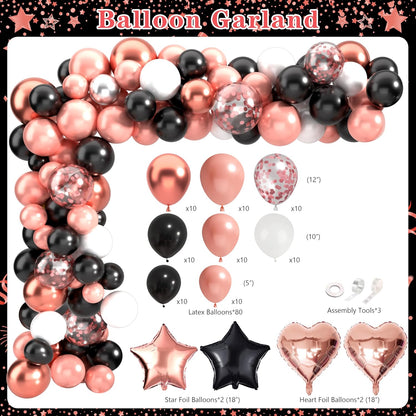 Retirement Party Decorations for Women 109Pcs Rose Gold Black Happy Retirement Decorations Retired Banner Backdrop Balloons Sash Hanging Swirls Pompoms Tablecloth Honeycomb Centerpiece(Rose Gold)