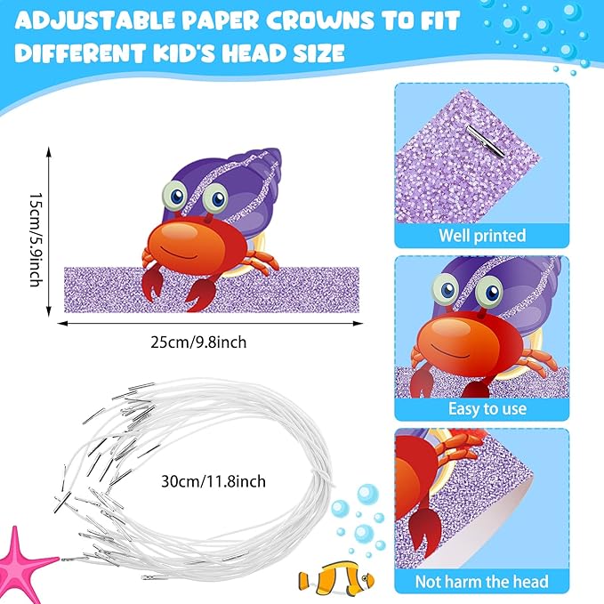 24 Pcs Under the Sea Party Hats - Ocean Theme Headbands for Girls and Kids, Sea Animals Paper Crowns for Birthday Decoration