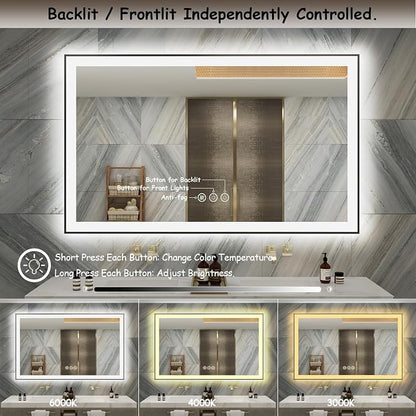 60x40 Framed LED Bathroom Mirror, Large Dimmable Vanity Mirror with Lights, Anti-Fog, Shatterproof, Memory (Backlit and Front Lighted)
