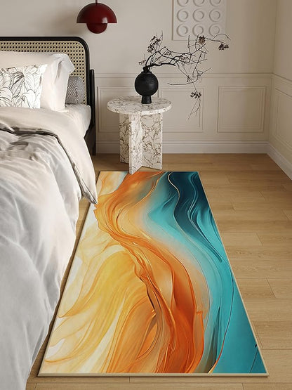 Orange Teal Kitchen Runner Rug 2'x6' Turquoise Orange Marble Non Slip Washable Decorative Rug Runner Carpet for Hallways Bedroom Bathroom Laundry