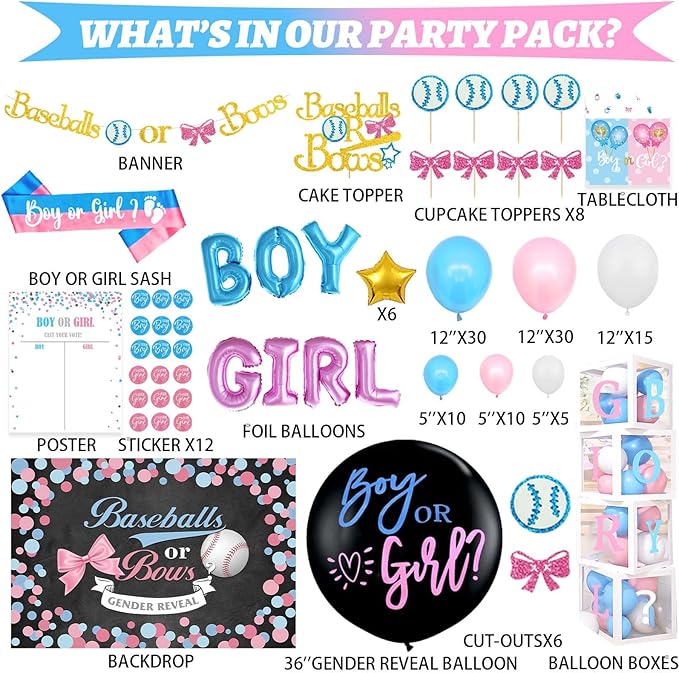 Hombae Baseball or Bows Gender Reveal Decorations, 171 PCs Boy or Girl Gender Reveal Decorations Backdrop Balloon Garland Banner Tablecloth Cake Cupcake Topper Box Cutout Poster Sash Pink Blue