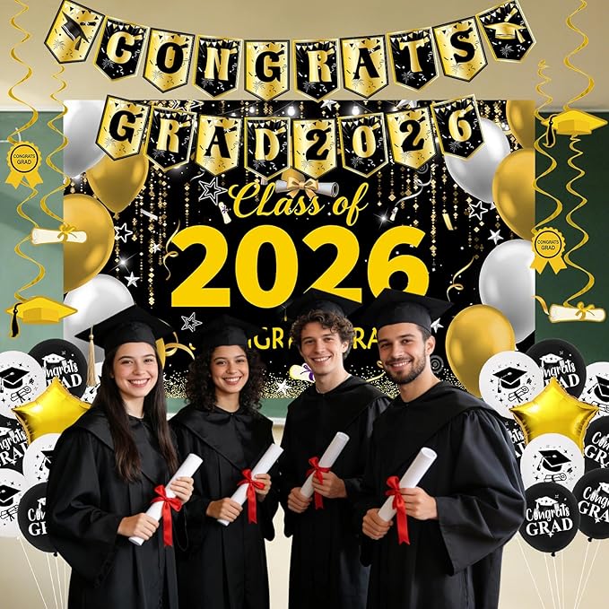 Black and Gold Graduation Decorations 2026, Graduation Party Decorations Class of 2026 Backdrop, Congrats Grad Banner Black Gold and White Balloons Foil 2026 Balloons College High School Master Phd