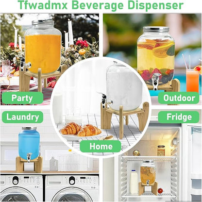 Tfwadmx 1 Gallon Drink Dispenser for Parties, Beverage Dispenser With Wood Stand Lemonade Dispenser Iced Tea Pitcher Party Beverage Dispenser for Lemonade, Juice, Punch, Water, Outdoor, Daily Use