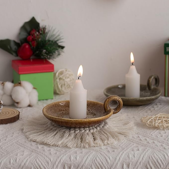 1pack Vintage Ceramic Candle Holders with Handle, Round Farmhouse Ceramic Plate Tray,Sage Holder for Burning,Incense Holder for Meditation Room Home Decor (Khaki)