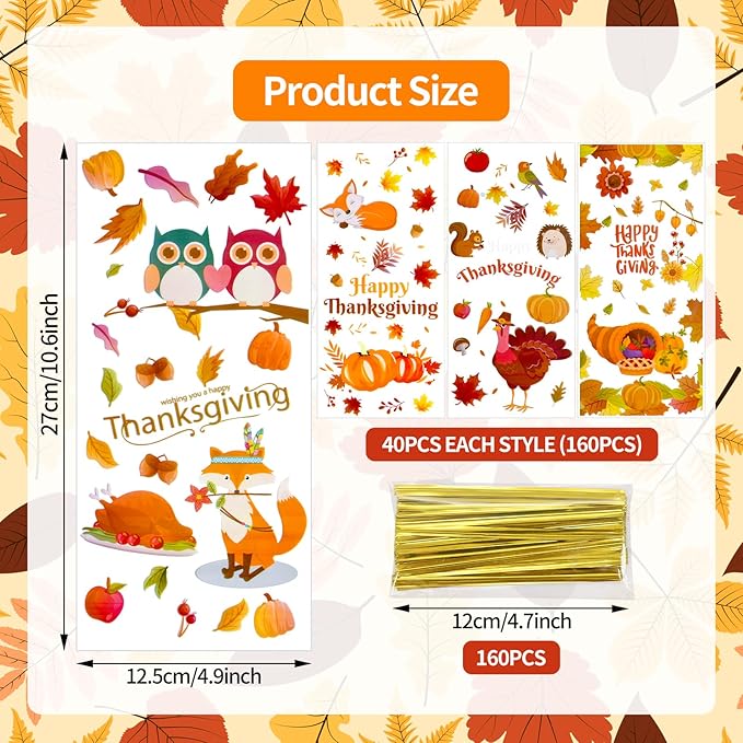 Pedenty 160 Pcs Thanksgiving Cellophane Treat Bags – 4 Fall-Themed Candy Bag Designs with Ties – Autumn Party Favor Goodie Bags for Thanksgiving Party, Classroom Exchange, or Holiday Treats