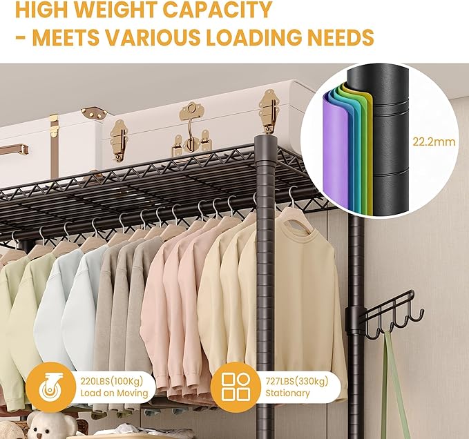 IDEALHOUSE Homdox Heavy Duty Rolling Clothing Rack, Adjustable Garment Rack with 3-Tier Storage Shelves, Freestanding Closet Organizer for Hanging Clothes, Metal Wardrobe Rack with Side Hooks, Black