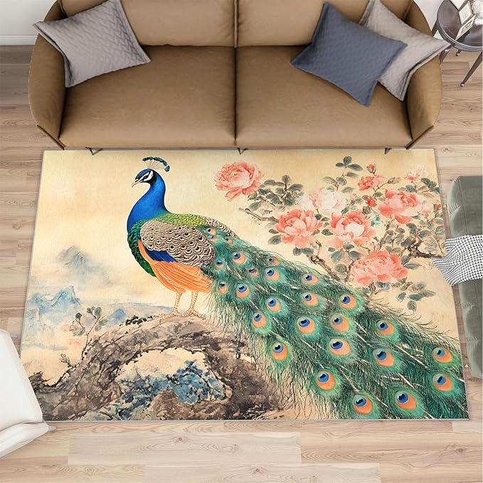 Peacock Peony Flower Area Rug 4x6-4x6 Rug, Classic Peacock Peony Rugs for Living Room, Oriental Carpet, Floral Animal Washable Area Rugs for Bedroom, Aesthetics Carpet - Peafowl Home Decor & Gifts