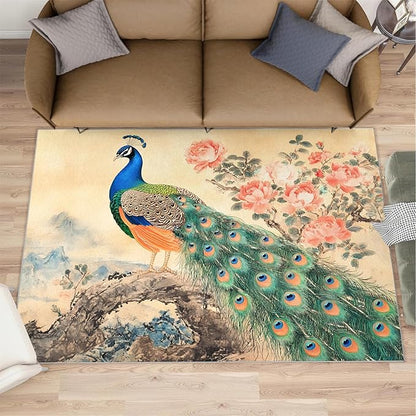 Peacock Peony Flower Area Rug 4x6-4x6 Rug, Classic Peacock Peony Rugs for Living Room, Oriental Carpet, Floral Animal Washable Area Rugs for Bedroom, Aesthetics Carpet - Peafowl Home Decor & Gifts