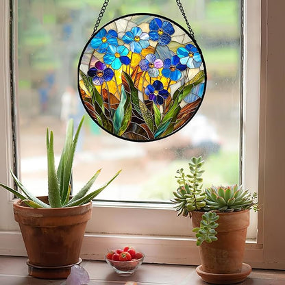 Stained Glass Window Hanging - Blue Wildflower Plant Flowers Sun Catcher for Door Garden Home Decor Suncatcher Christmas Mother's Day Birthday Gifts for Women Men Mom Nana 11.8 in