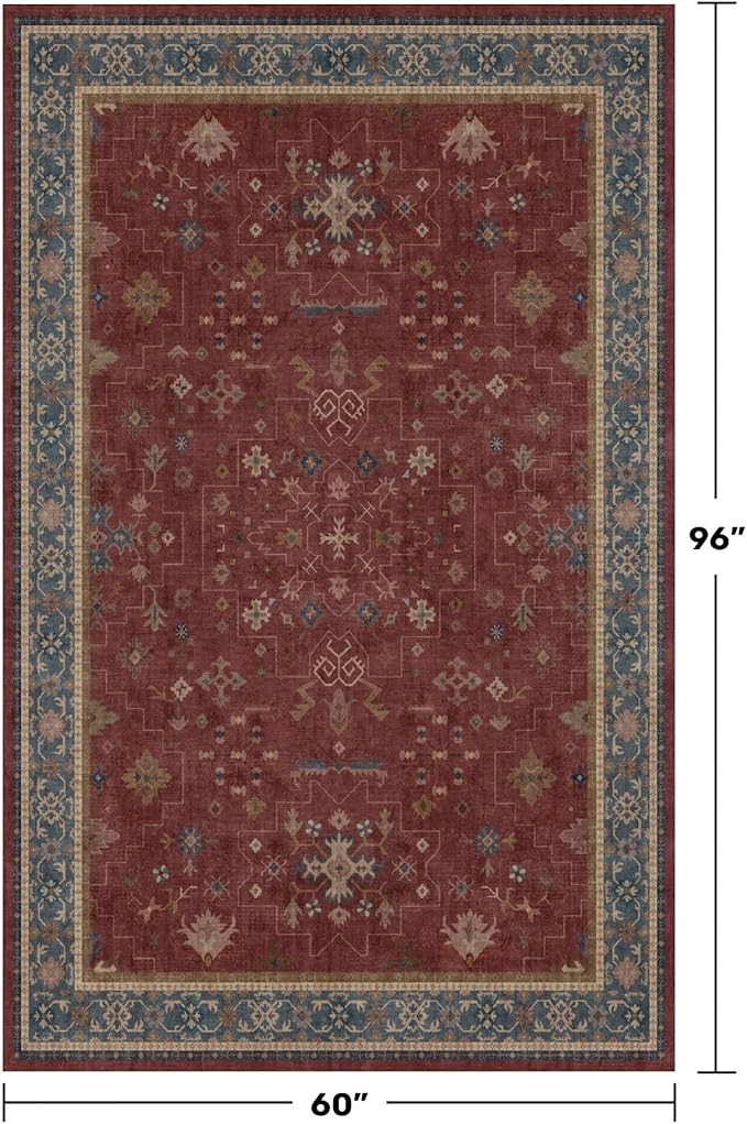 5x8 Boho Dark Red Rug for Living Room - Vintage Oriental Revival Low-Pile Carpet for Bedroom, Dining Table, Machine Washable Area Rug Non-Slip with Rubber Back