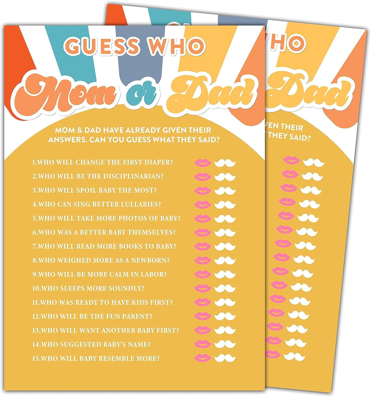 YSTEP Boho Sunshine Baby Shower Games for Boy, 30 Guess Who Mom or Dad Game Cards, Gender Reveal Party Supplies Favors (5"x7") -A05