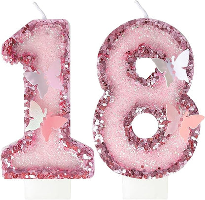 18Th Birthday Candles，Glitter Butterfly Cake Toppers Pink Sequins Wedding Numeral Cupcake Decorations，Suitable for Girl and Boy Wedding Cakes, Party Celebrations, Birthday Decorations (18)